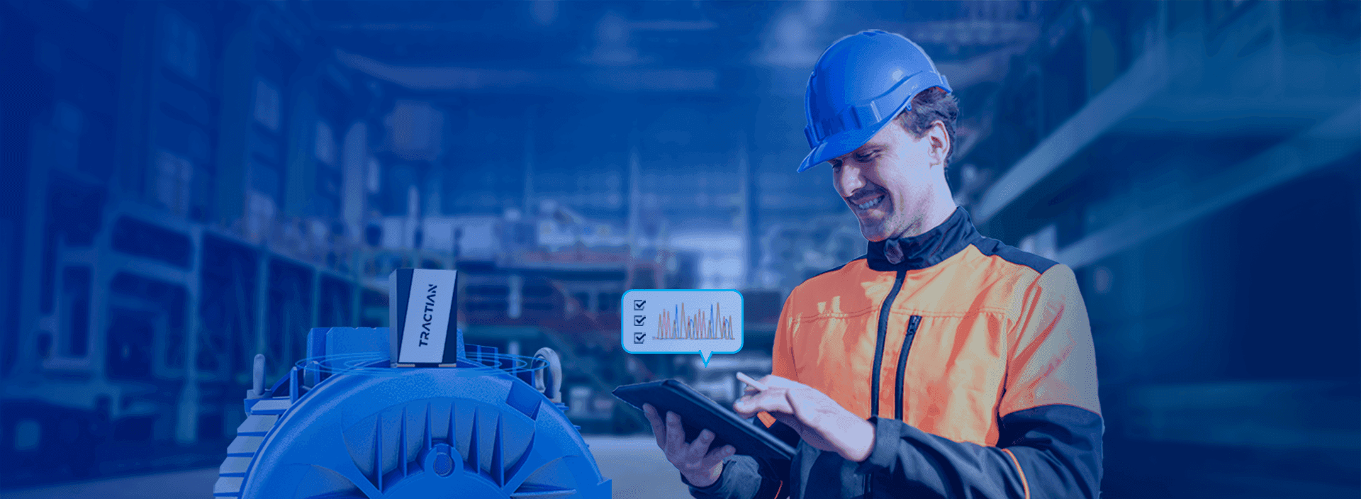 Engenheiro industrial com um tablet nas mãos e ao fundo um galpão com máquinas.