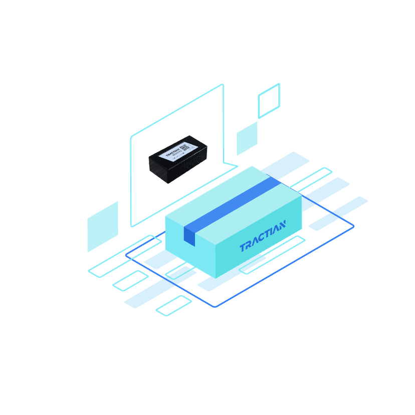 Uma sensor, pequena caixa preta com a logo marca Tractian