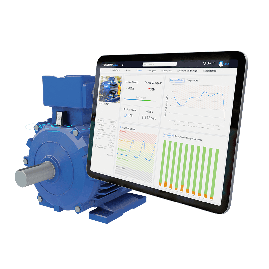 Um motor industrial de cor azul com um tablet ao lado