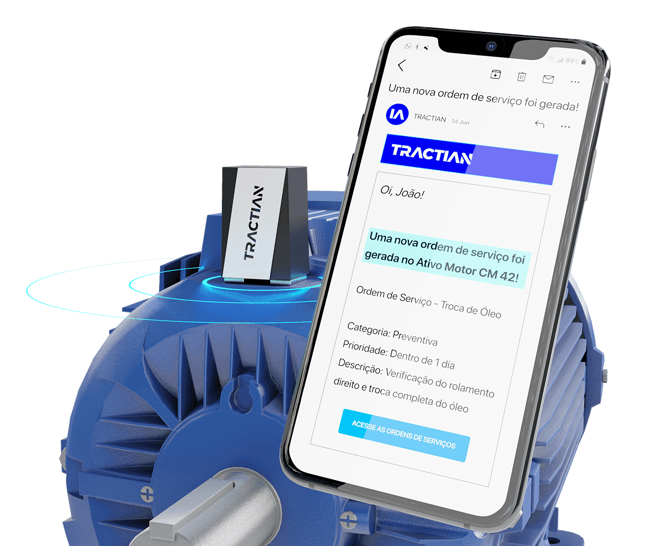 Um motor industrial de cor azul com um celular ao lado
